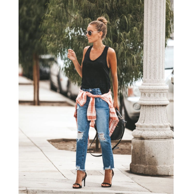 Mid Waist Ripped Denim Jeans