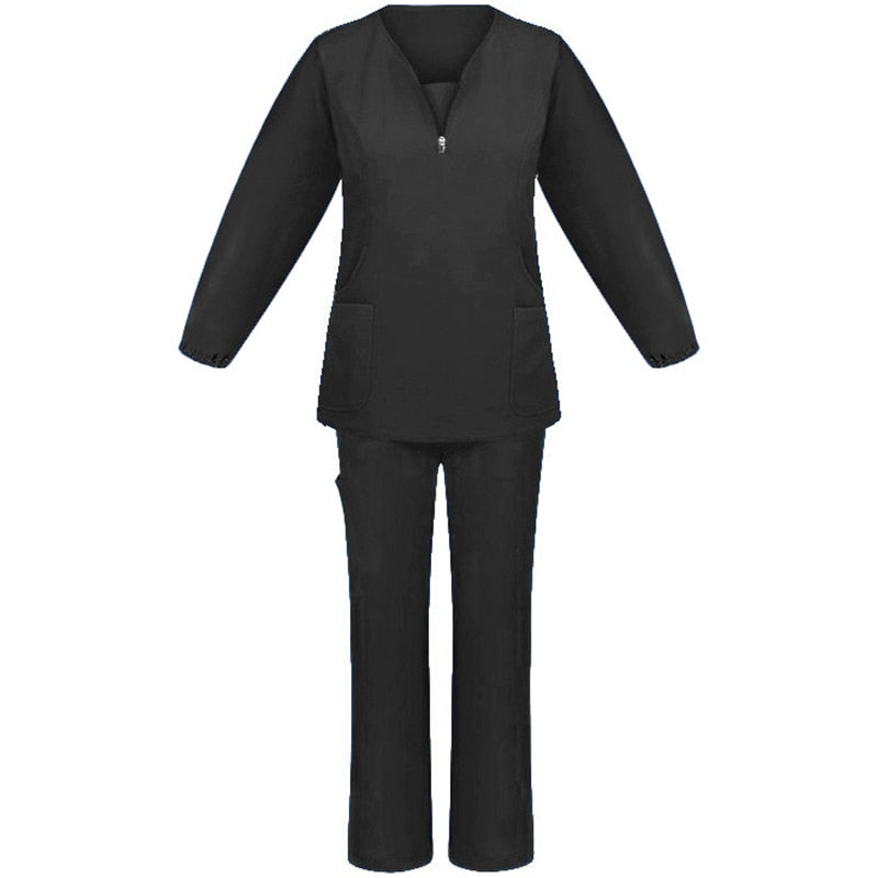 V neck Zipper Scrub Uniform Set