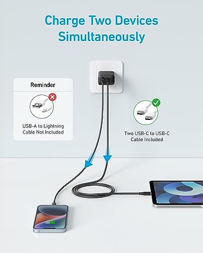 iPad Charger, Anker 2-Pack 20W Dual Port USB Fast Wall Charger, USB C Charger Block for iPad Pro 12.9", iPad Pro 11", iPad Air 5/4, iPad 10, iPad Mini 6, and More (2-Pack 5 ft USB-C Cable Included)