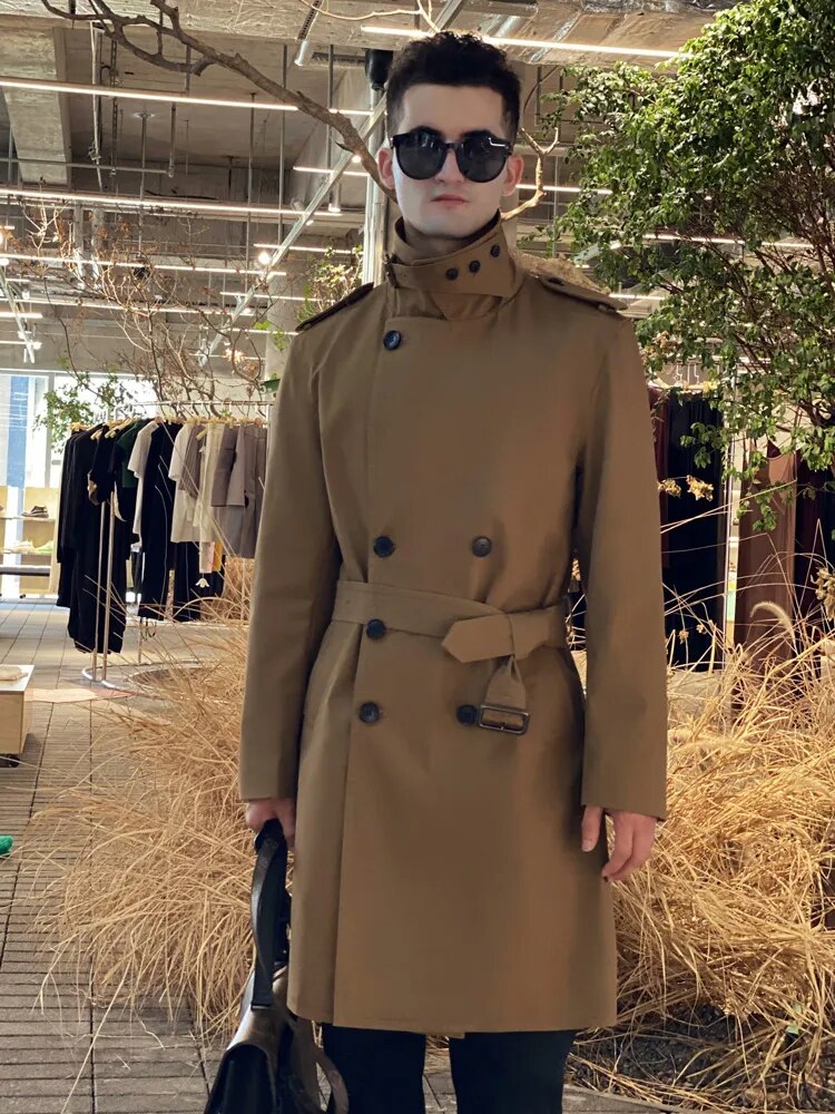 Cotton trench coat for men with double breasted British fashion coffee men's down jacket