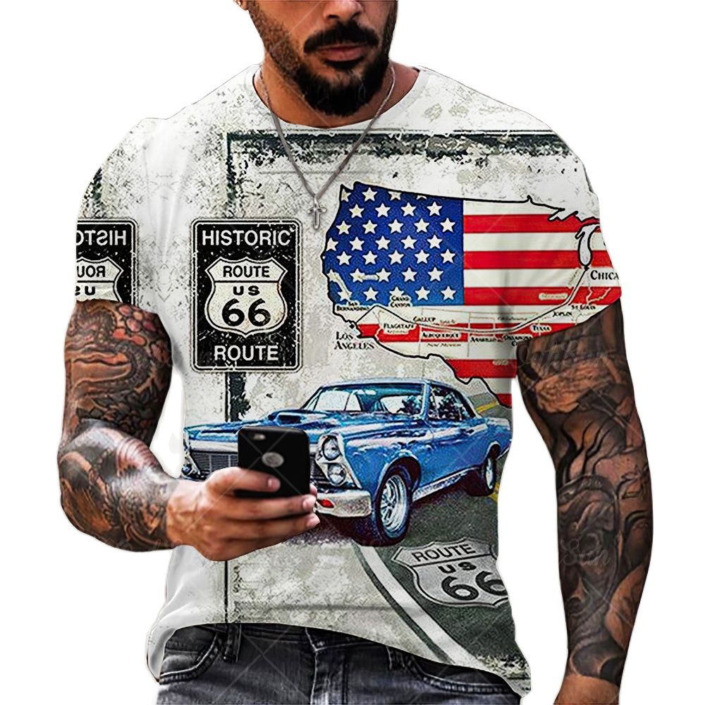 vintage Oversized America Route 66 Letters Printed O Collared T-Shirt