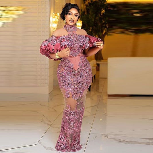 Saudi Arabia Lace Dress Halter Off The Shoulder Puffy Short Sleeves Evening Gown Through Mermaid Women Formal Wear