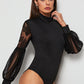 Mesh Long Sleeve Bandage Turtleneck Romper Overall Sexy Jumpsuit