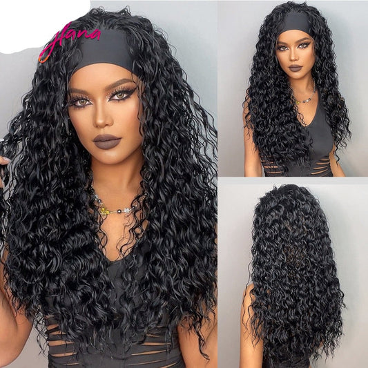 Curly Headband Synthetic Wig Natural Black Long hair for Women