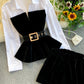Velvet Tops With High Waist Belt Shorts- 2 Piece Set