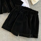 Velvet Tops With High Waist Belt Shorts- 2 Piece Set