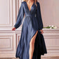 V Neck Pleated Satin Side Slit Party Dress/ Bridesmaid Dress