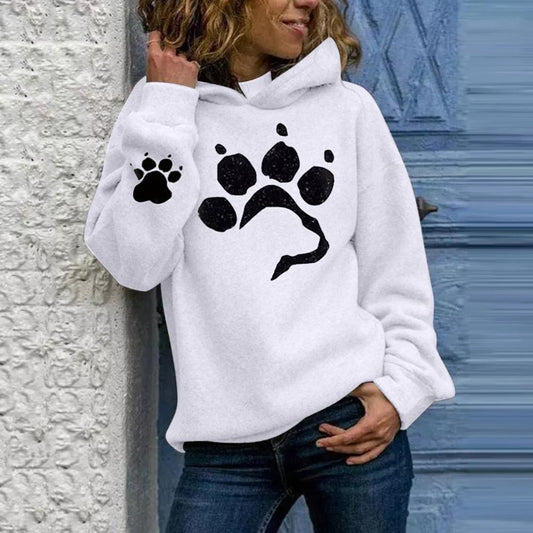 Dog Paw Print Pullover Hooded Sweatshirt for Women