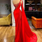 One Shoulder Red Pearls Beaded Side Slit Prom Dress