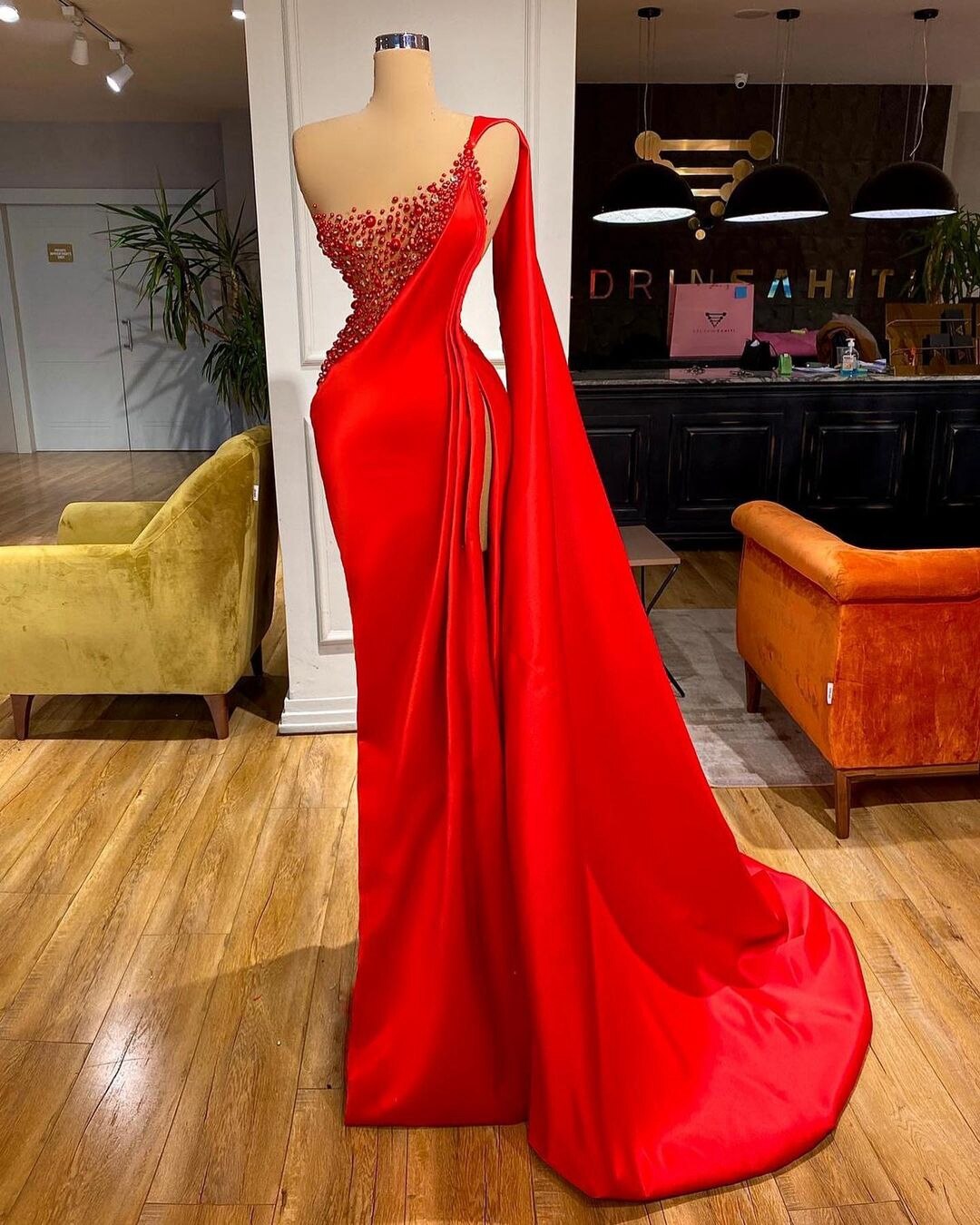 One Shoulder Red Pearls Beaded Side Slit Prom Dress