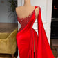 One Shoulder Red Pearls Beaded Side Slit Prom Dress