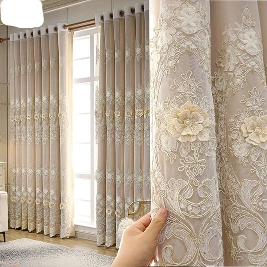 European Luxury Embroidered Embossed Tulle Curtain High-end Imitation Satin Curtain