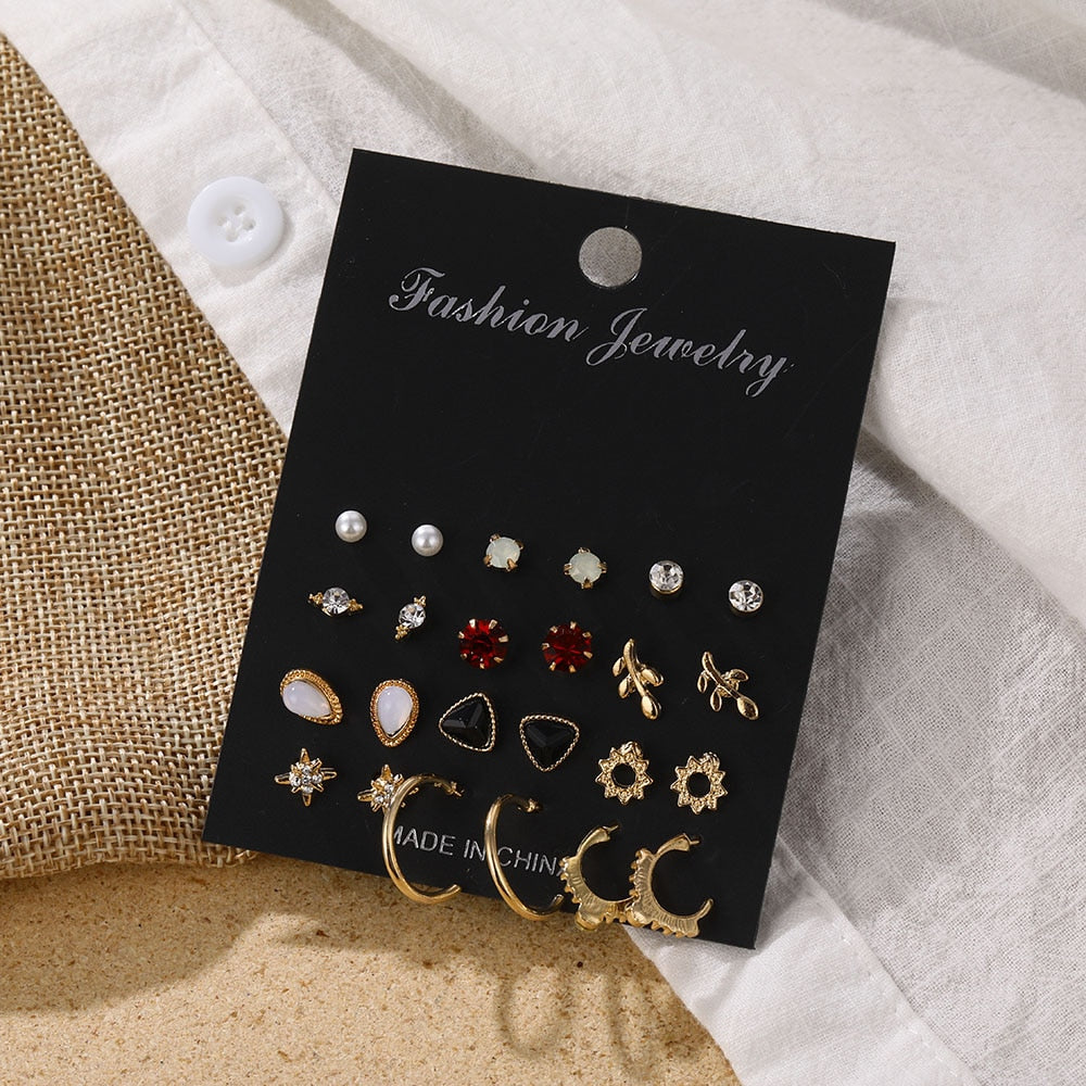 Pearl Crystal Stud Earrings Set For Women