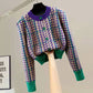 Houndstooth Round Neck Knitted Top for Women