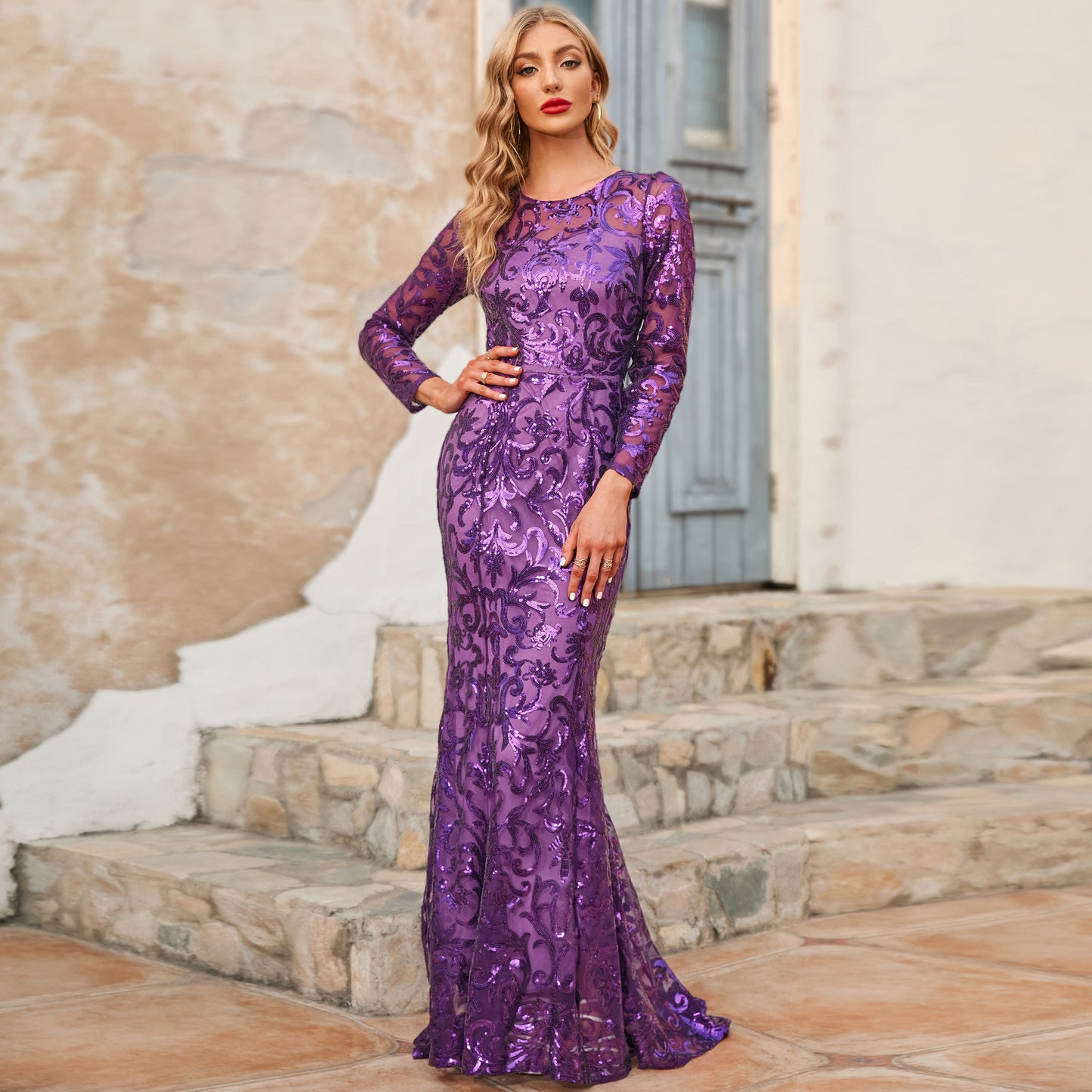 Glitter Sexy Long Sleeve Prom Dress