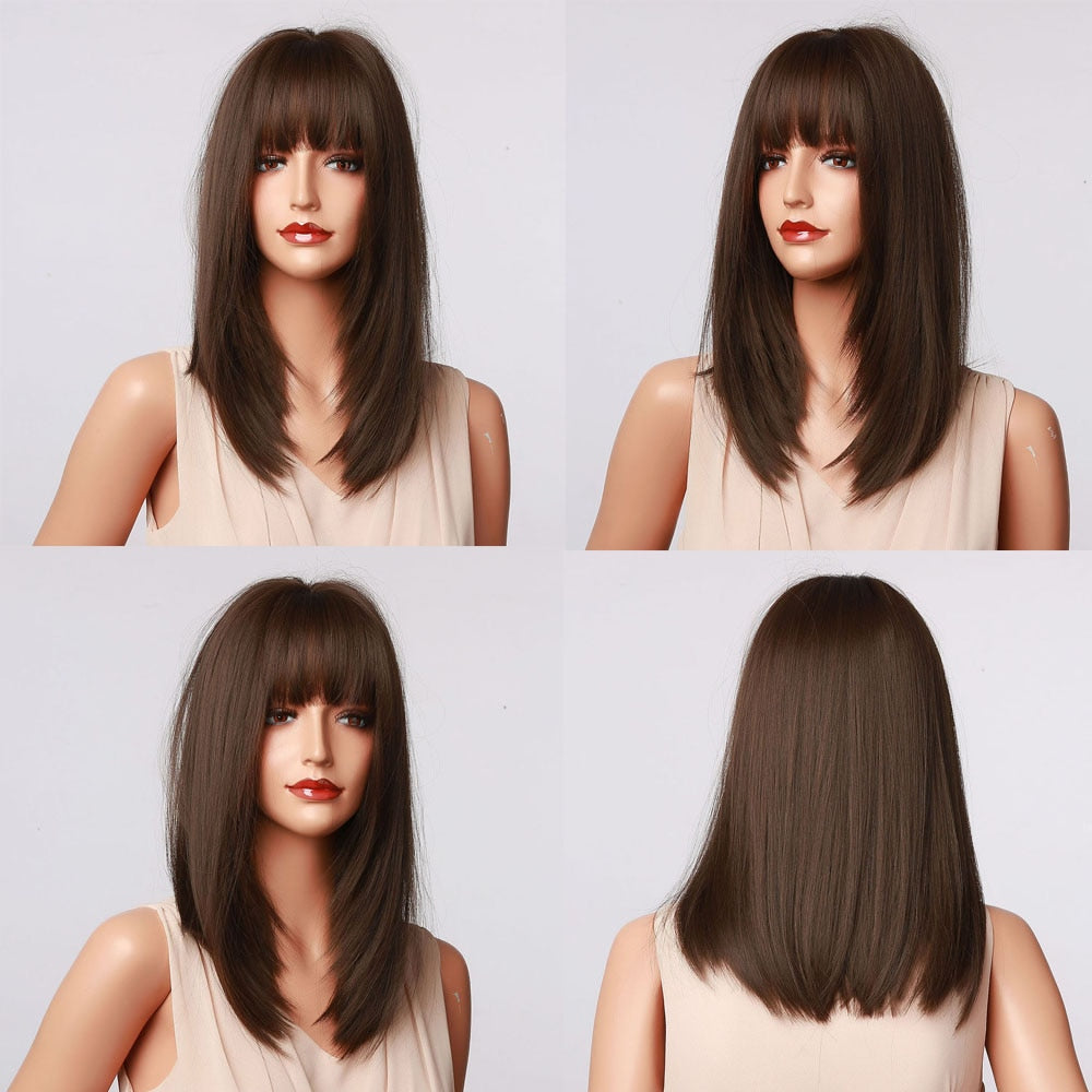 Synthetic Wig with Bangs Layered Natural Straight Wig for Women