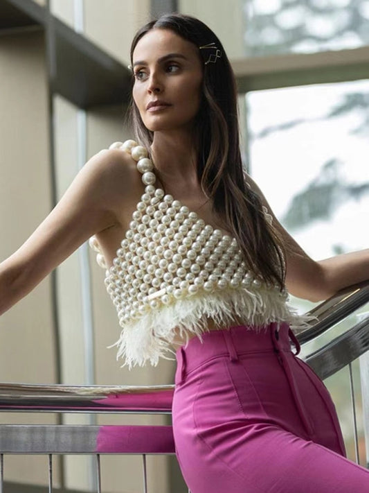 Tank Top Sleeveless Backless Feather Pearl Vest