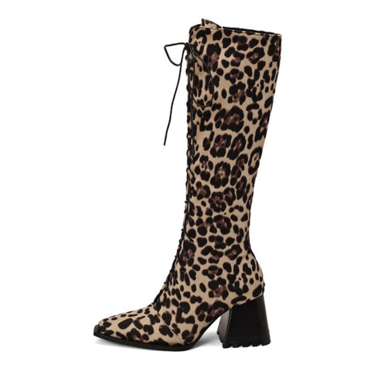 New Lace up Front Chunky Heel Zipper Knee high Boots