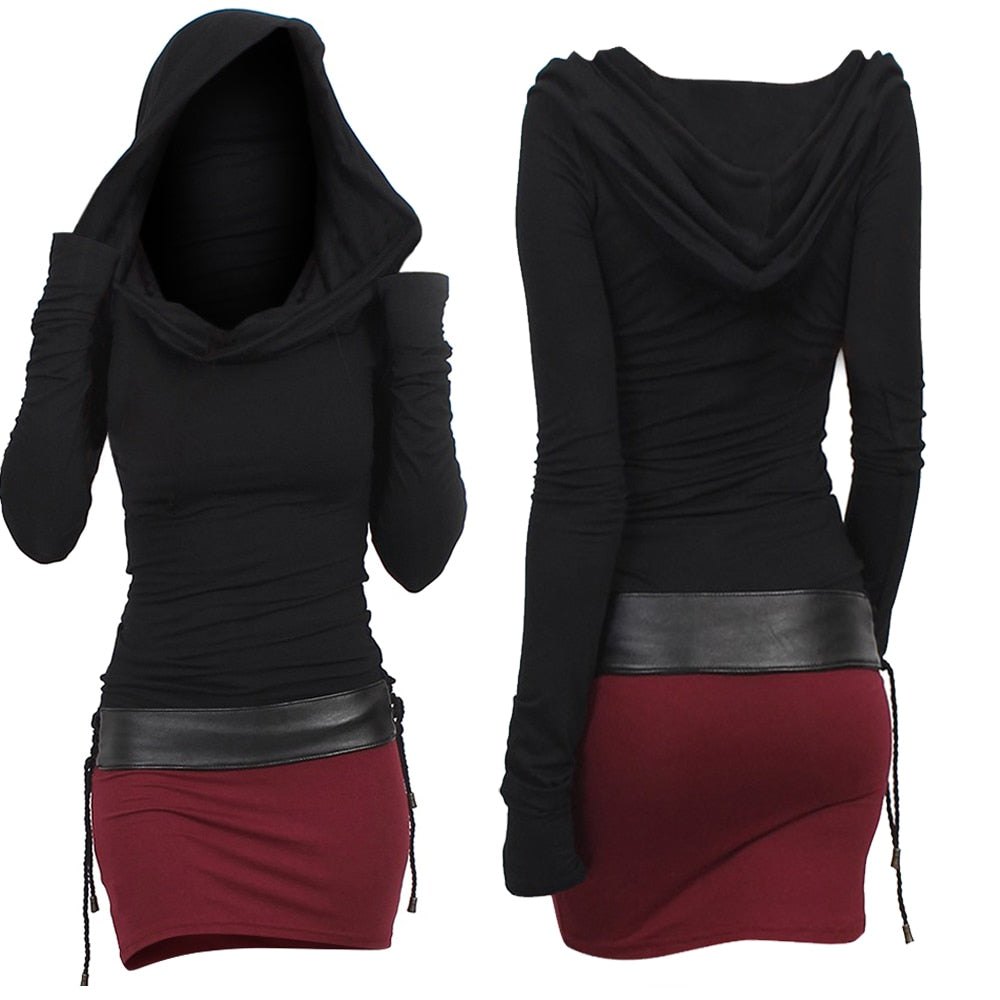 Two Tone Long Sleeve Cotton Slim Fit Hoodie Dress