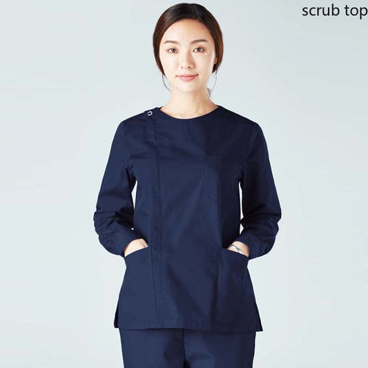 Long Sleeve Medical Uniform Round Neck Side Zipper Top