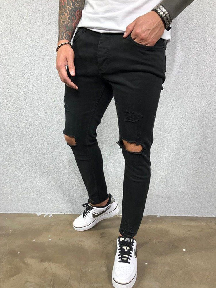 Skinny Knee Hole Ripped Denim Pants- Jeans