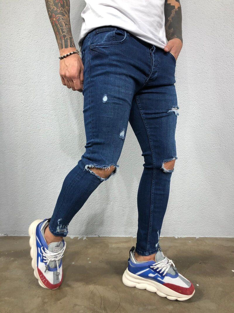 Skinny Knee Hole Ripped Denim Pants- Jeans
