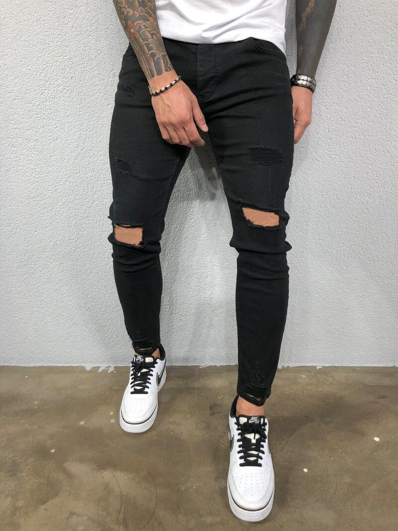 Skinny Knee Hole Ripped Denim Pants- Jeans