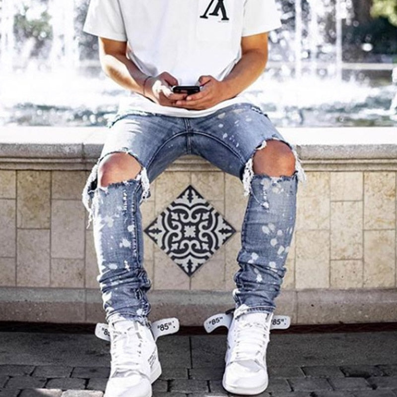 Slim Hip-hop Knee Holes Wash Paint Dot Design  - Jeans