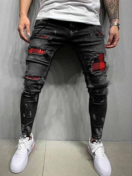 Fashion Grid Beggar Patches Slim Skinny Ripped Denim pants - Jeans