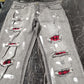 Fashion Grid Beggar Patches Slim Skinny Ripped Denim pants - Jeans