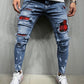 Fashion Grid Beggar Patches Slim Skinny Ripped Denim pants - Jeans