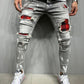 Fashion Grid Beggar Patches Slim Skinny Ripped Denim pants - Jeans