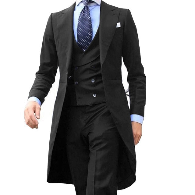 Long Coat Men Suit 3 Piece Set ( Jacket + Vest + Pants)