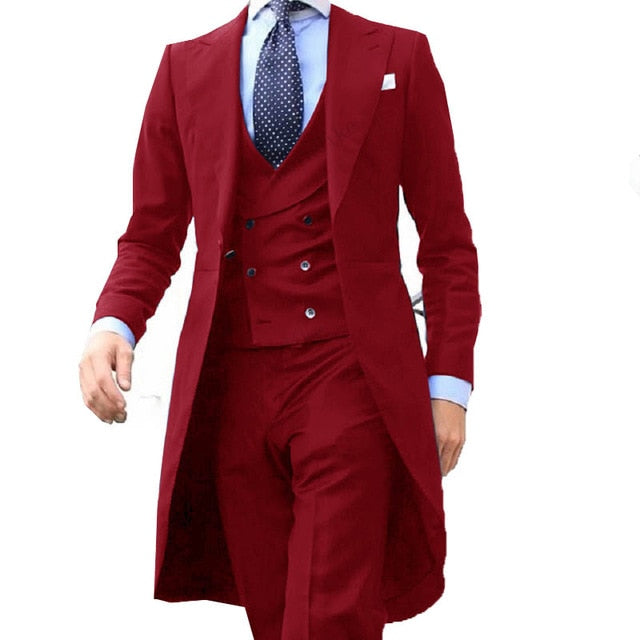 Long Coat Men Suit 3 Piece Set ( Jacket + Vest + Pants)