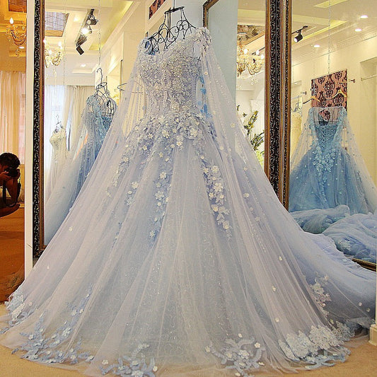 Lace Appliqued Pearls Wedding Dress