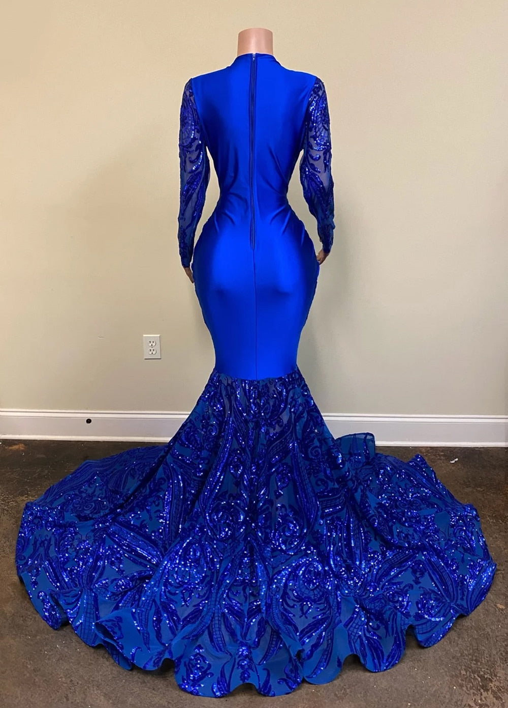 Royal Blue Sequin Long Sleeve Mermaid Evening Dress