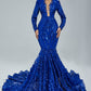 Royal Blue Sequin Long Sleeve Mermaid Evening Dress
