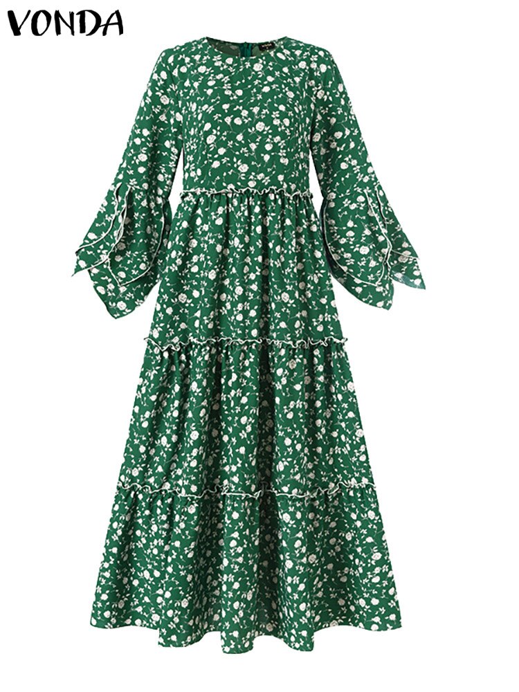VONDA Bohemian Maxi Dress 2022 Autumn Women Casual Long Flare Sleeve Floral Printed Party Vestido Loose Pleated Holiday Dresses