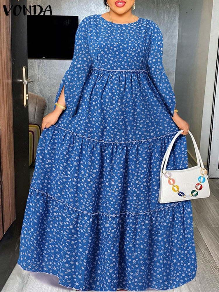 VONDA Bohemian Maxi Dress 2022 Autumn Women Casual Long Flare Sleeve Floral Printed Party Vestido Loose Pleated Holiday Dresses