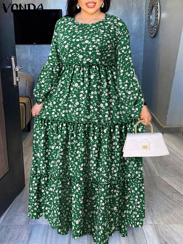 VONDA Bohemian Maxi Dress 2022 Autumn Women Casual Long Flare Sleeve Floral Printed Party Vestido Loose Pleated Holiday Dresses