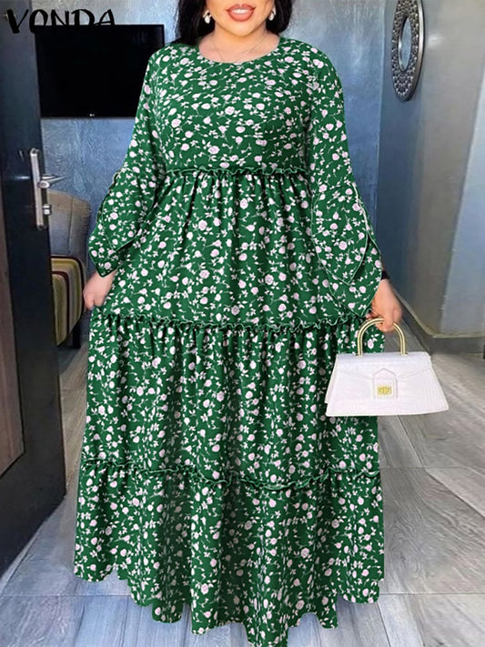 VONDA Bohemian Maxi Dress 2022 Autumn Women Casual Long Flare Sleeve Floral Printed Party Vestido Loose Pleated Holiday Dresses