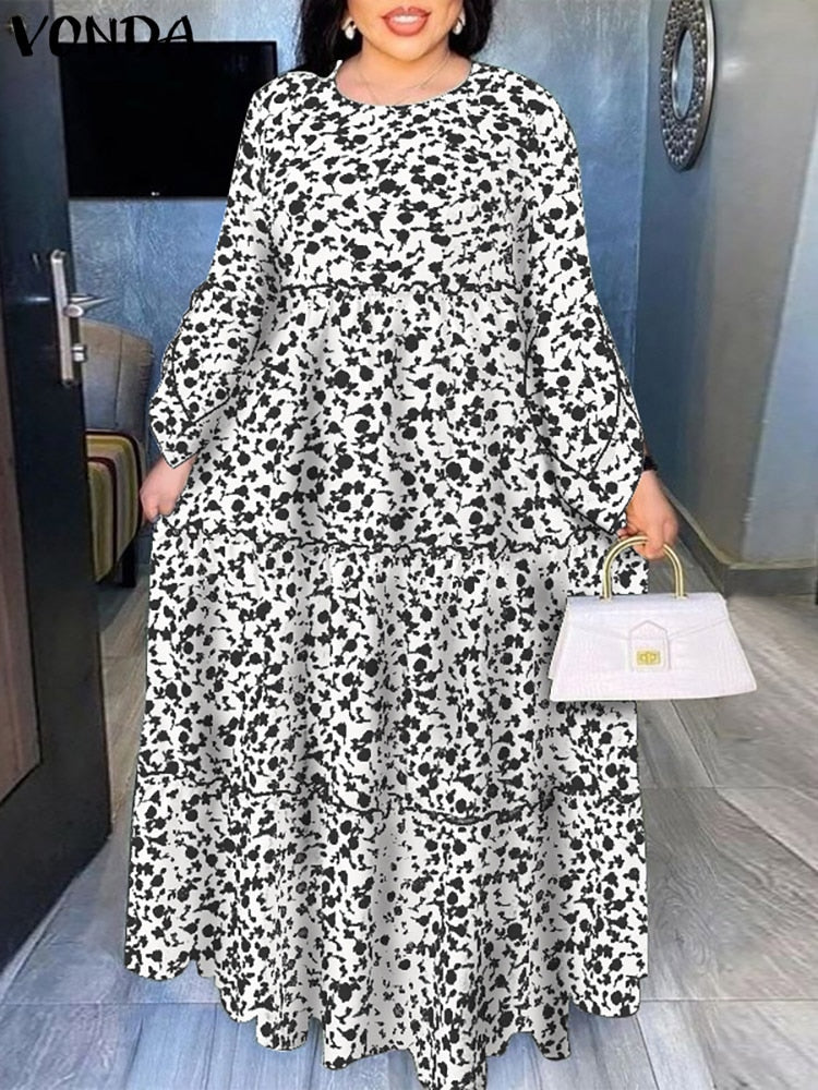 VONDA Bohemian Maxi Dress 2022 Autumn Women Casual Long Flare Sleeve Floral Printed Party Vestido Loose Pleated Holiday Dresses