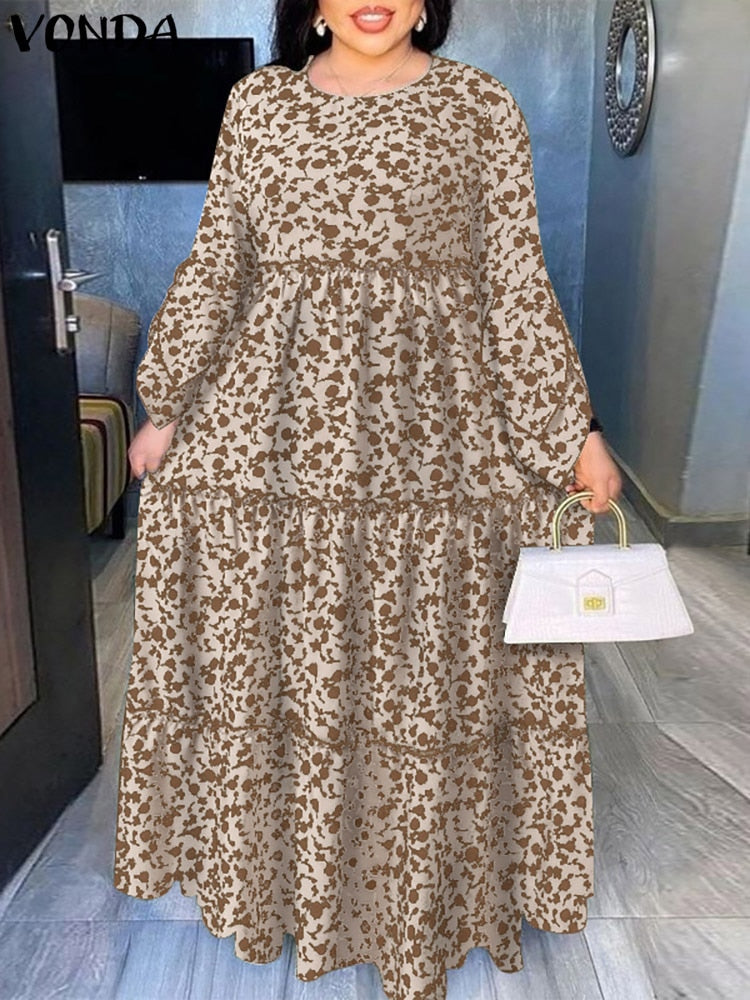 VONDA Bohemian Maxi Dress 2022 Autumn Women Casual Long Flare Sleeve Floral Printed Party Vestido Loose Pleated Holiday Dresses