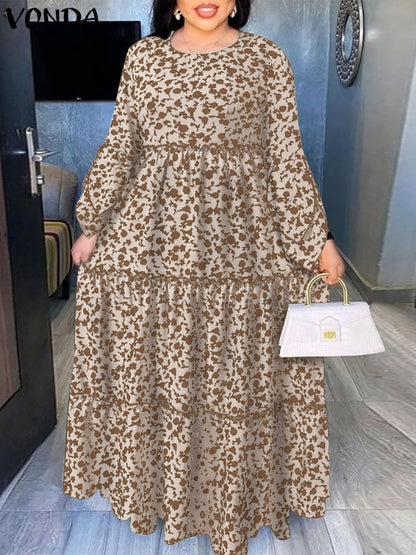 VONDA Bohemian Maxi Dress 2022 Autumn Women Casual Long Flare Sleeve Floral Printed Party Vestido Loose Pleated Holiday Dresses