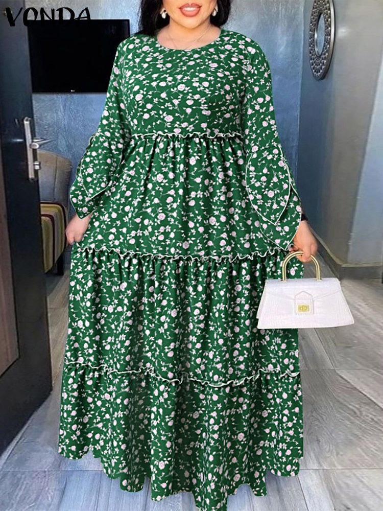 VONDA Bohemian Maxi Dress 2022 Autumn Women Casual Long Flare Sleeve Floral Printed Party Vestido Loose Pleated Holiday Dresses