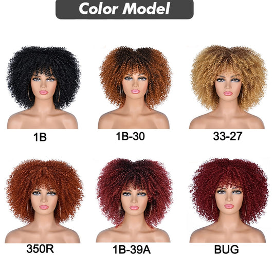 Short Hair Afro Kinky Curly Synthetic Wigs With Bangs