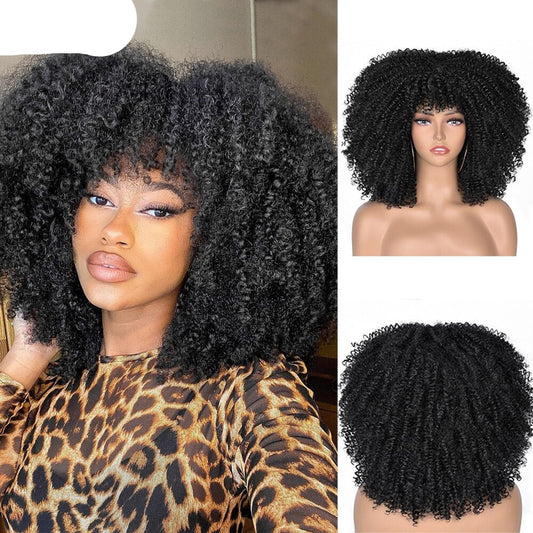 Short Hair Afro Kinky Curly Synthetic Wig With Bangs