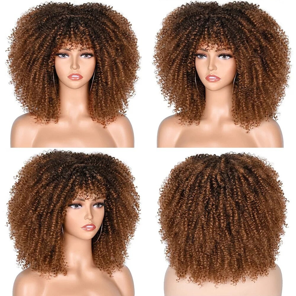 Short Hair Afro Kinky Curly Synthetic Wig With Bangs