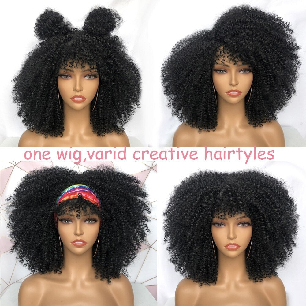 Short Hair Afro Kinky Curly Synthetic Wig With Bangs