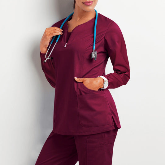 Zipper V Neck Long Sleeve Scrub Uniform Top